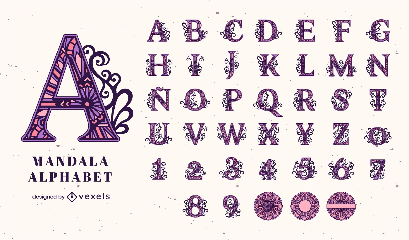 Alfabeto temático de trazo de color Mandala