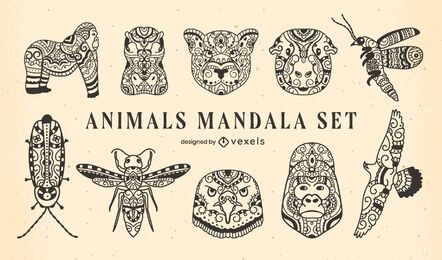 Conjunto de animais de mandala preenchido curso
