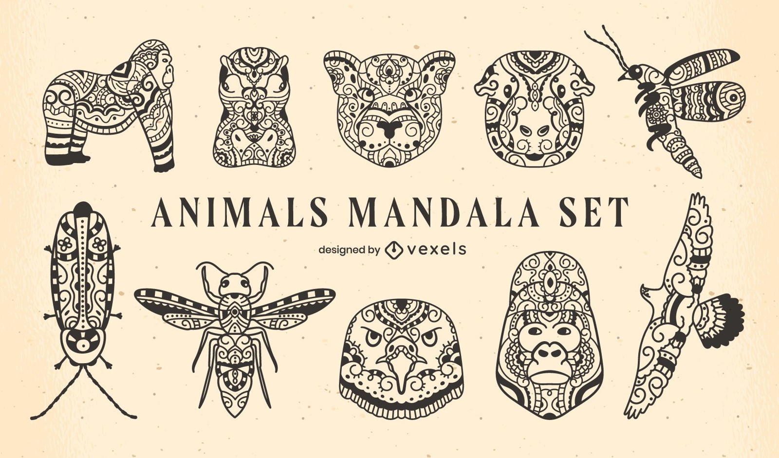 Set of mandala animals filled stroke