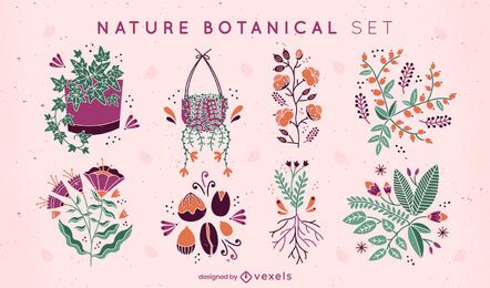Conjunto plano de plantas e flores