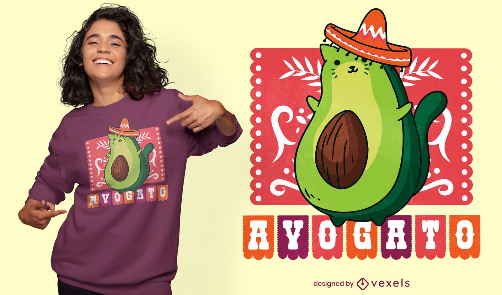 Diseño de camiseta mexicana gato aguacate.