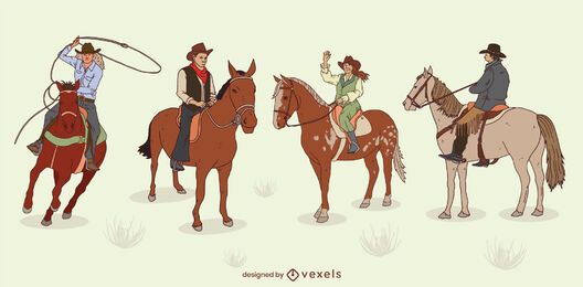 Conjunto de personagens de cowboys em cavalos