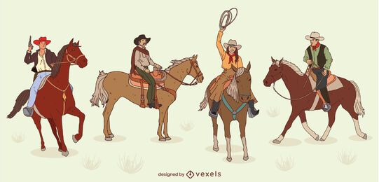 Conjunto de cowboys com traços coloridos em cavalos