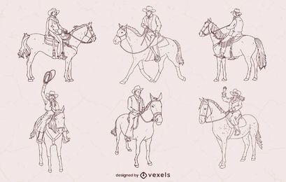 Set of stroke cowboys on horses