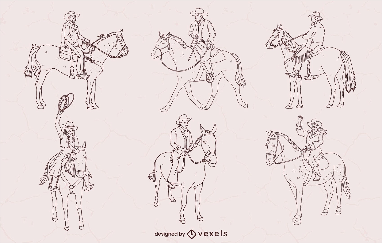 Set of stroke cowboys on horses