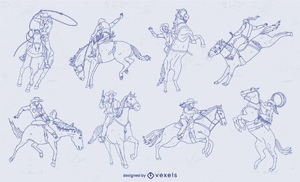 Conjunto de tacadas de vaqueiros em cavalos em movimento