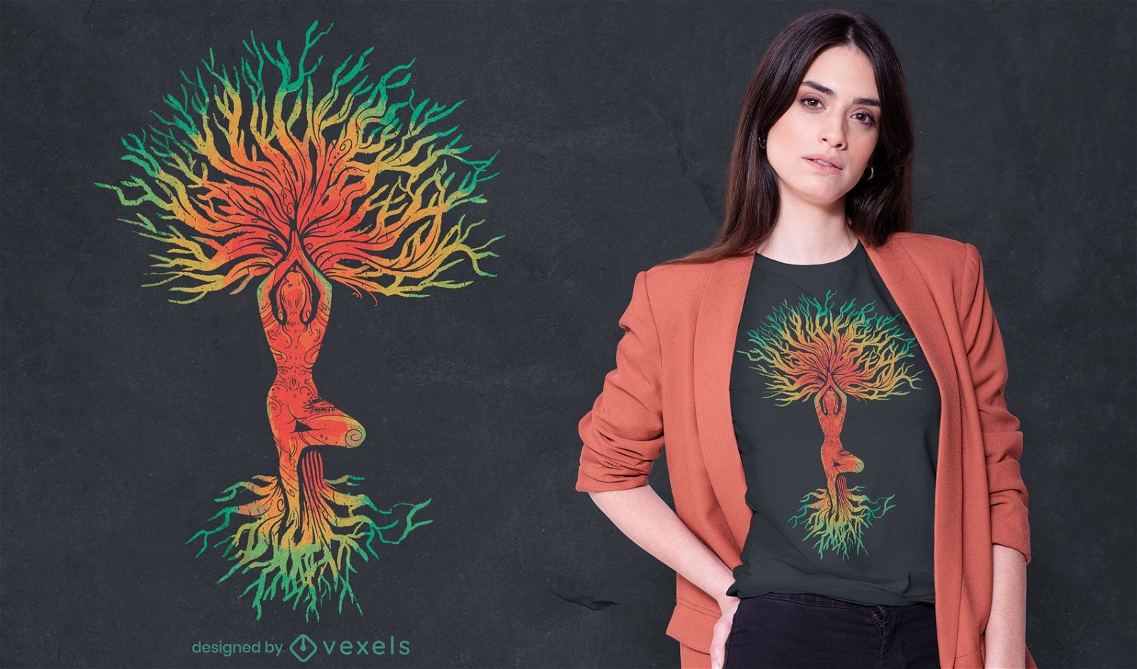 Mujer en diseño de camiseta de árbol de pose de yoga