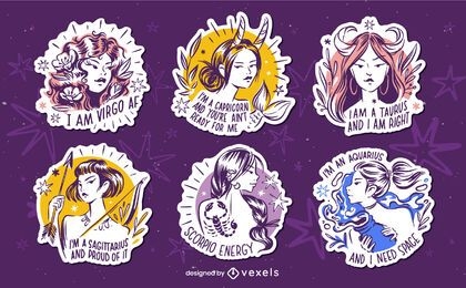 Set of hand drawn zodiac quotes badges