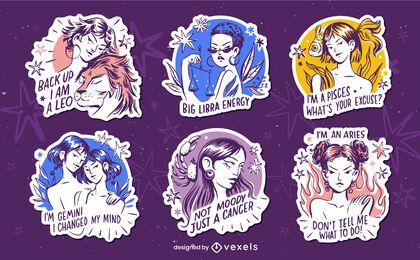 Hand drawn set of zodiac badges with quotes 