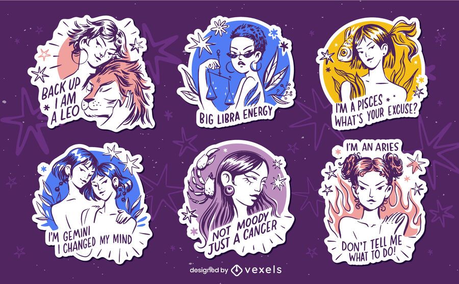 Hand drawn set of zodiac badges with quotes Hand drawn set of zodiac badges with quotes