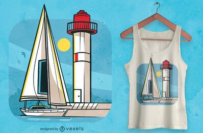 Desenho de t-shirt de farol e barco a vela