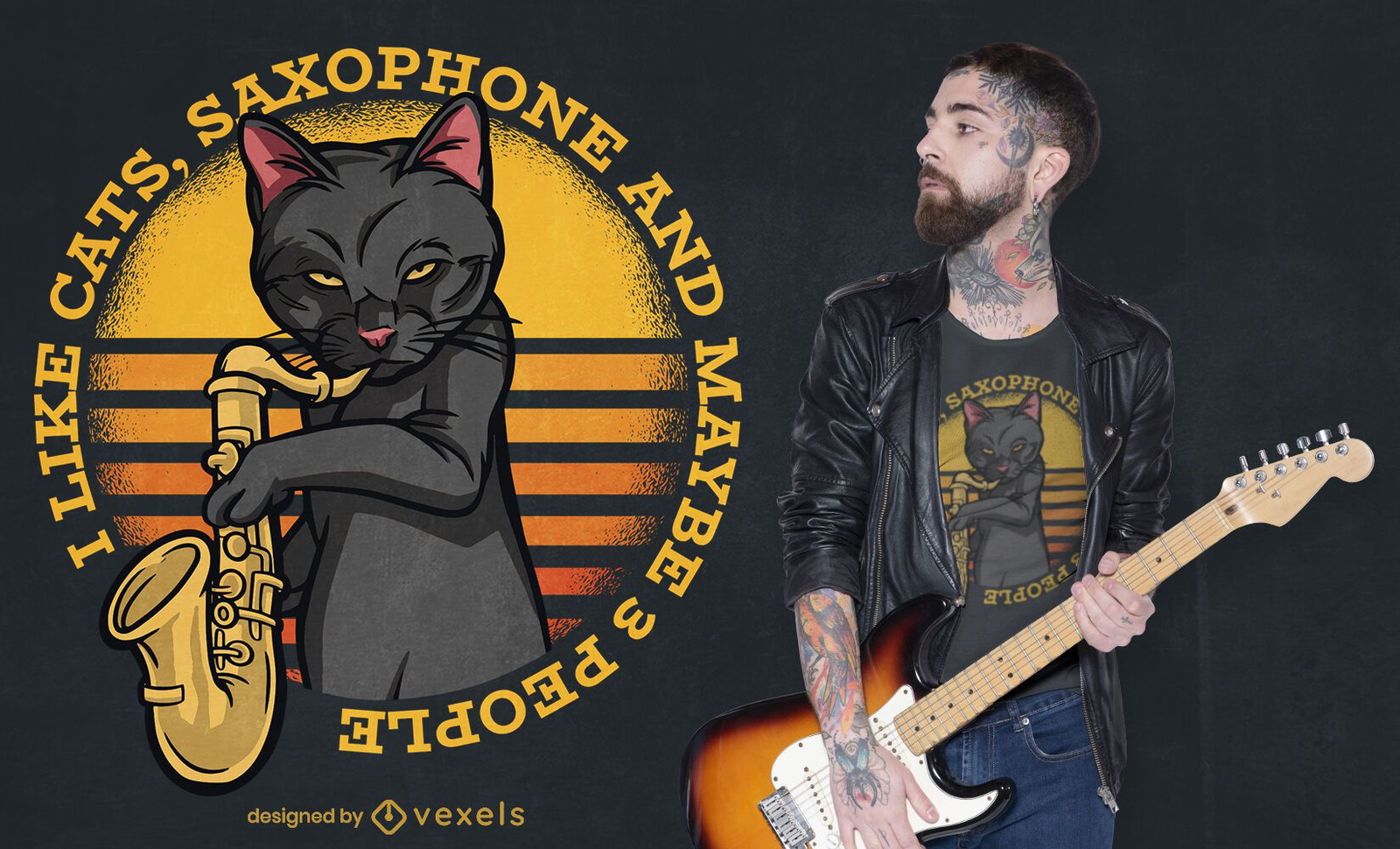 Gato tocando saxofone com design de camiseta