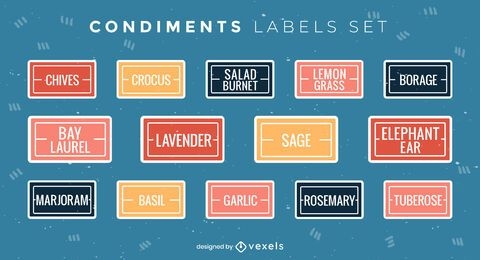 Conjunto de etiquetas de condimentos planas y simples.