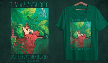 Chica en habitación con diseño de camiseta de plantas.