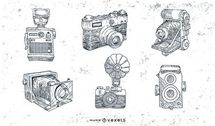 Hand drawn set of vintage cameras