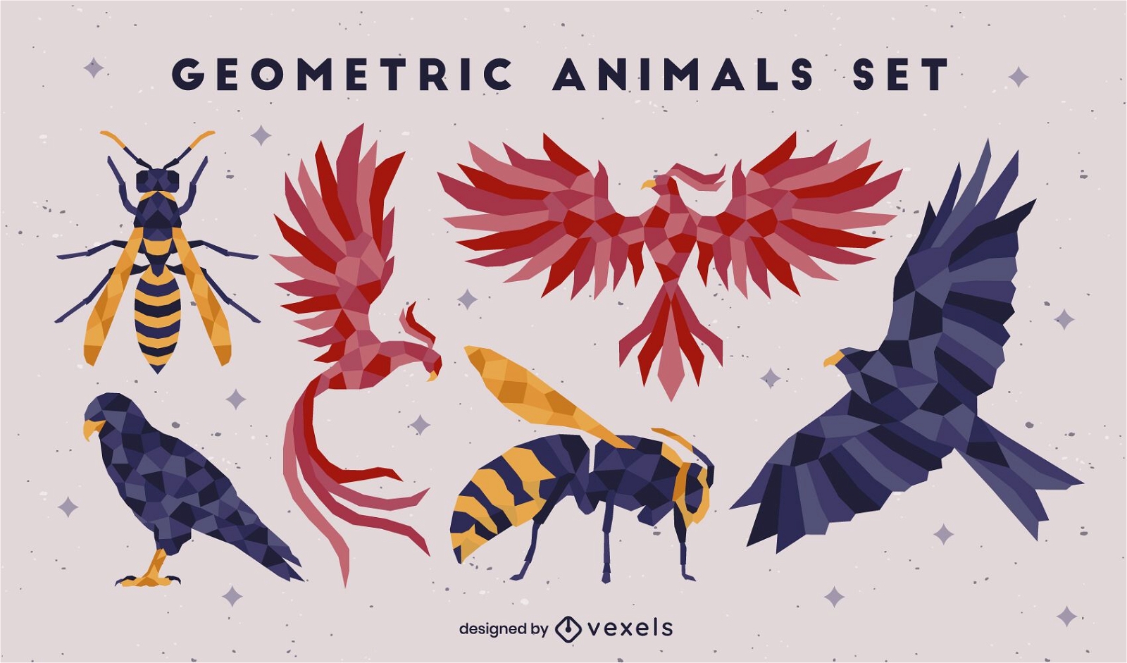 Set of color low poly flying animals 