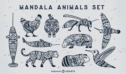 Conjunto de animais de traço preenchidos com mandala