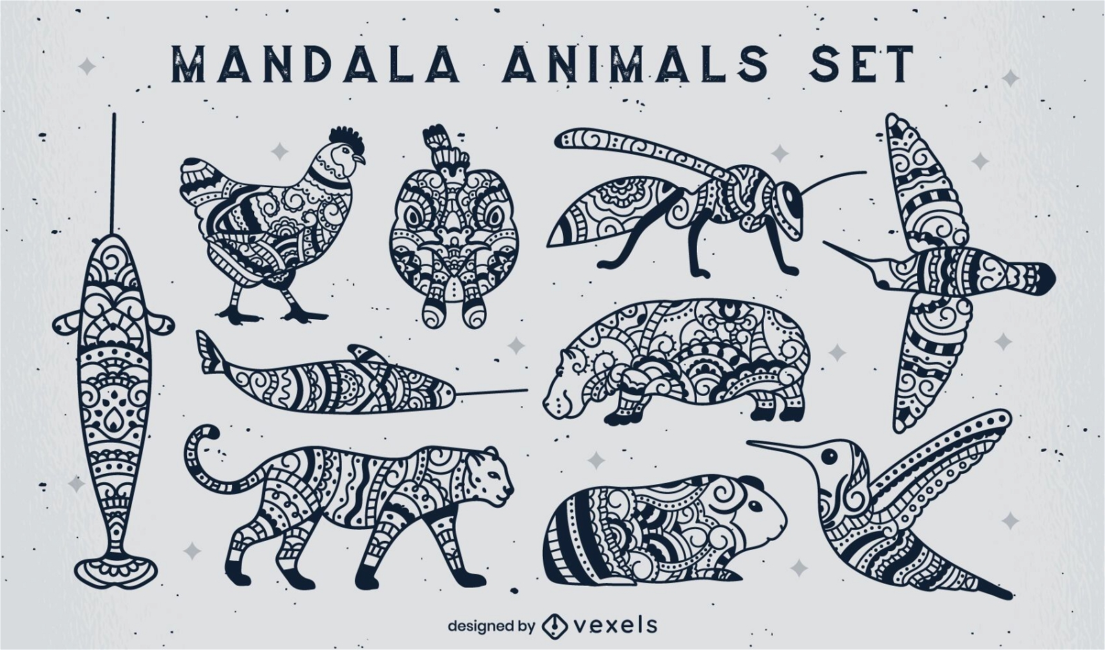 Conjunto de animales de trazo lleno de mandala.