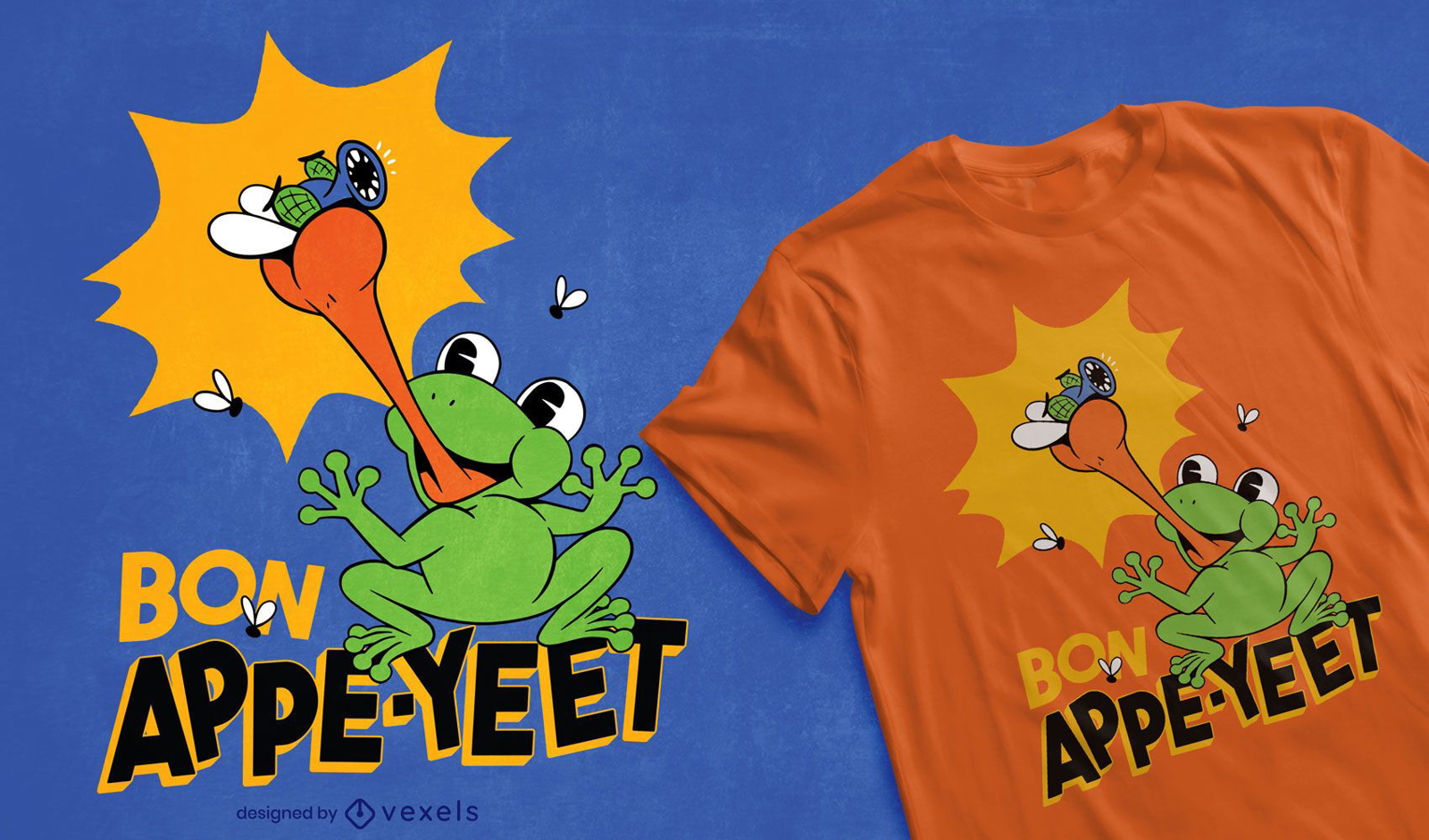 Frosch fangendes Fliegenkarikatur-T-Shirt-Design