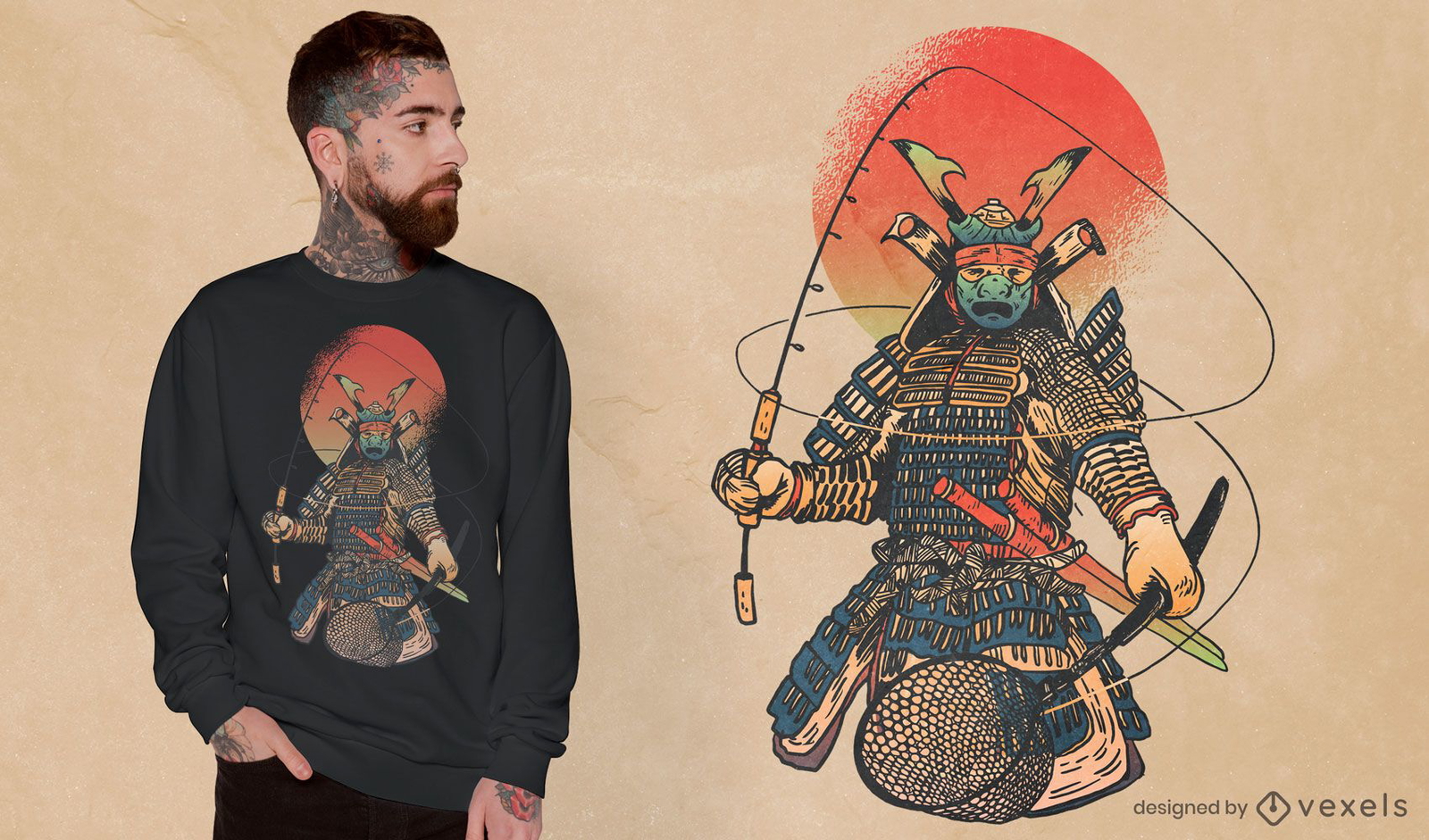 Design de camiseta de pesca guerreiro samurai