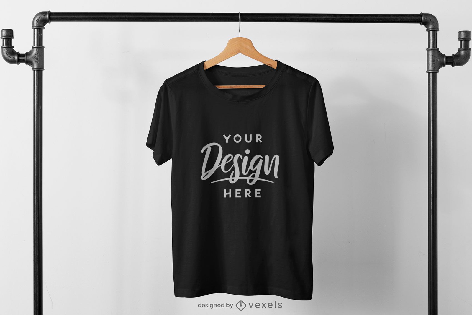 Hanging t-shirt logo template. Hanger and black t shirt vector