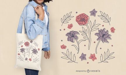 Flores e enfeites coloridos com desenho de sacola