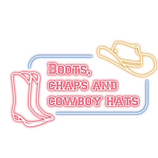 Boots, chaps and cowboy hats badge PNG Design