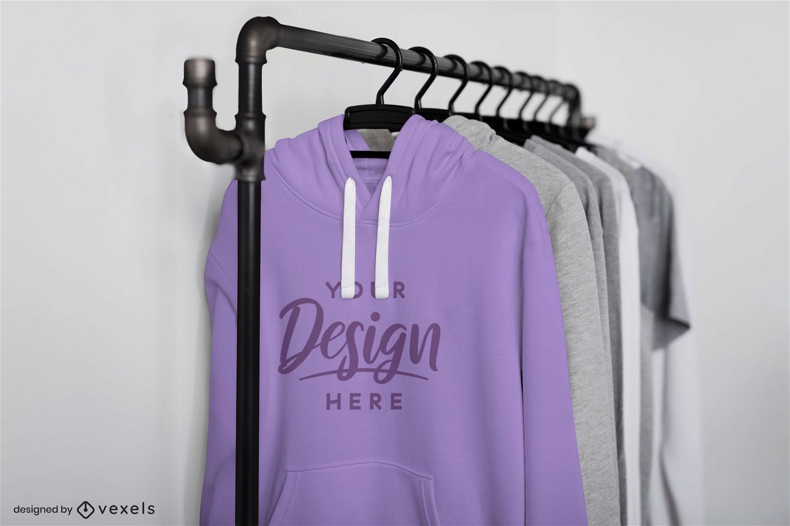 Close up hoodies on rack mockup design
