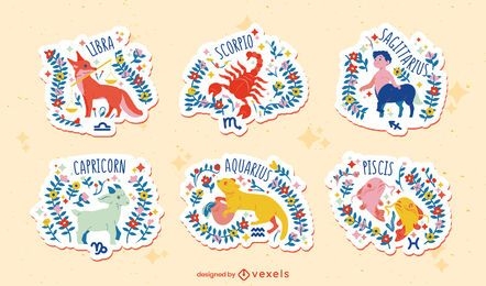 Hand drawn flat zodiac set of stickers