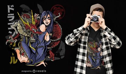 Camiseta con ilustración de dragón chica anime psd