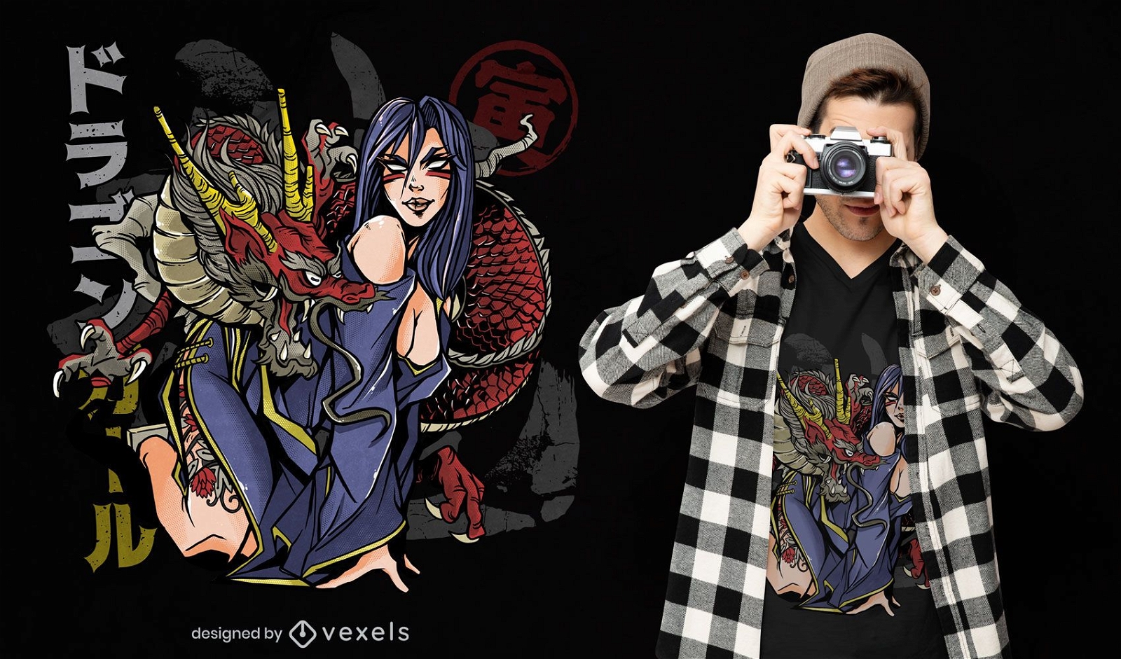 Anime girl dragon illustration t-shirt psd