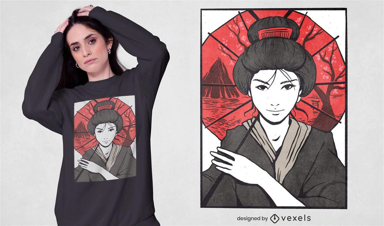 Dise?o de camiseta de paraguas de ni?a geisha japonesa
