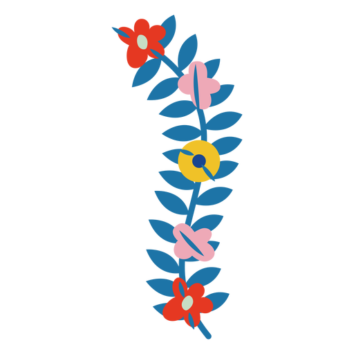 Flores brillantes en un plano de tallo azul. Diseño PNG
