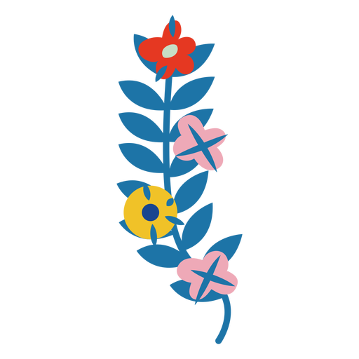 Blumen und blaue Blätter flach PNG-Design