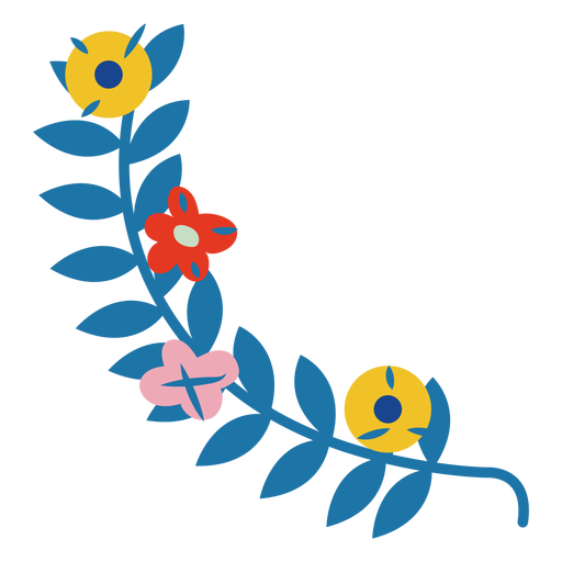 Tallo frondoso azul con flores planas Diseño PNG