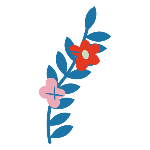 Blauer Stiel mit roten und rosa Blüten flach PNG-Design