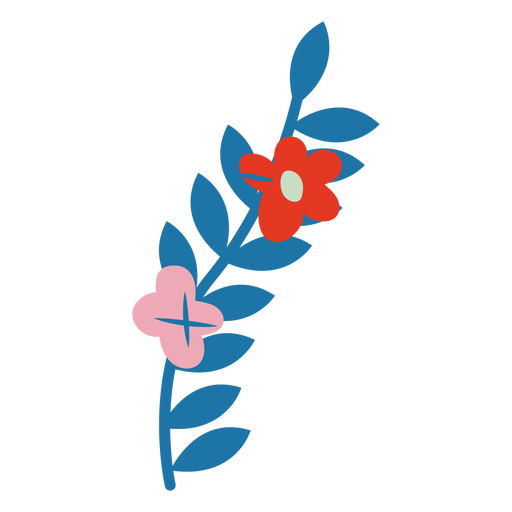 Caule azul com flores vermelhas e rosa planas Desenho PNG