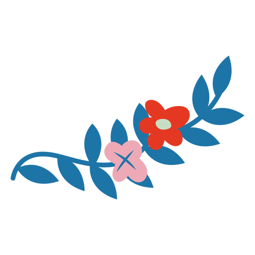 Tallo azul con flor roja y rosa plana. Diseño PNG