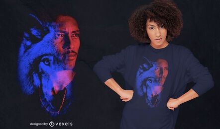 Mann und Wolf Doppelbelichtung PSD T-Shirt Design
