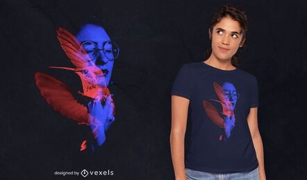 Diseño de camiseta psd mujer y colibrí.