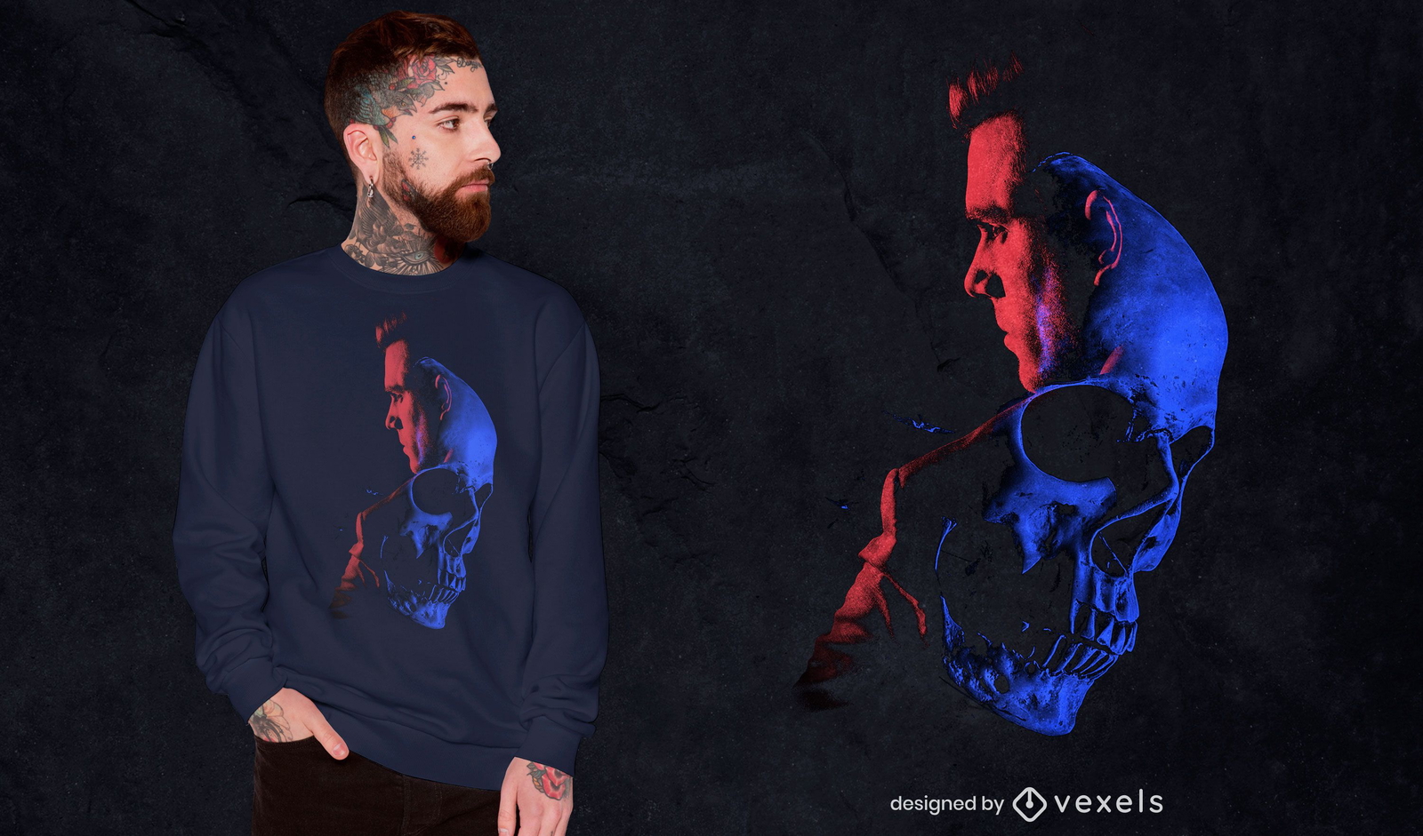 Diseño de camiseta psd de doble exposición de hombre y calavera