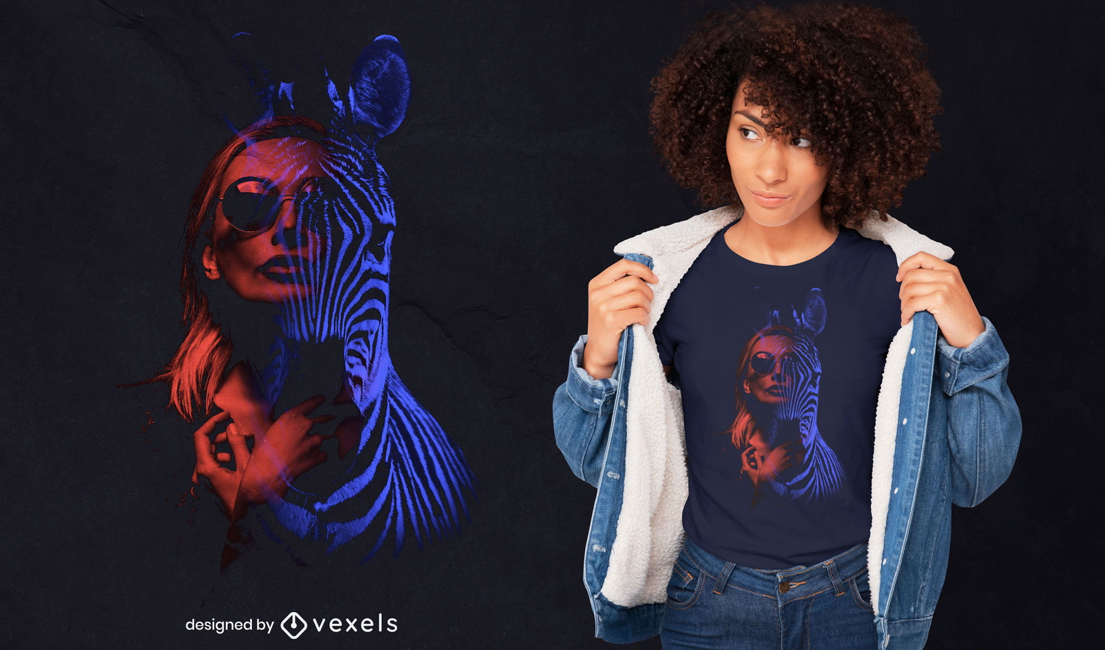 Design de camiseta psd de dupla exposição para mulher e zebra