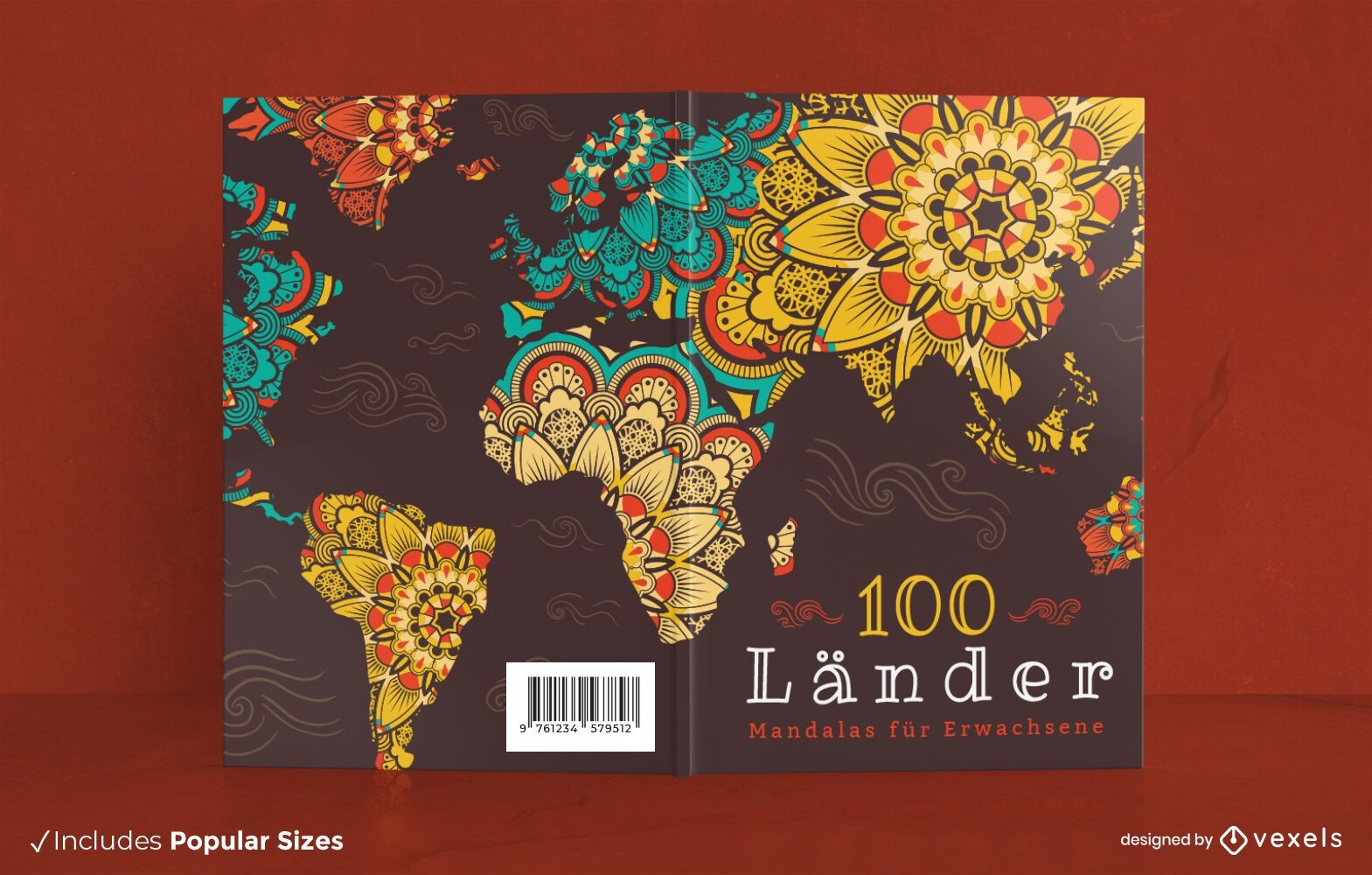 Diseño de portada de libro floral de mandala de mapa mundial