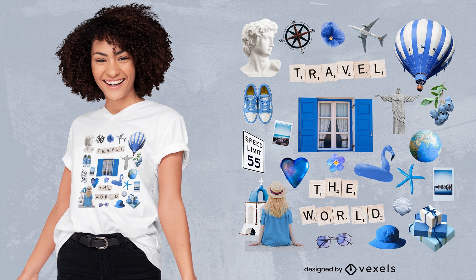 Elementos de viaje diseño de camiseta azul psd