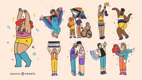 Pride month color stroke set of characters