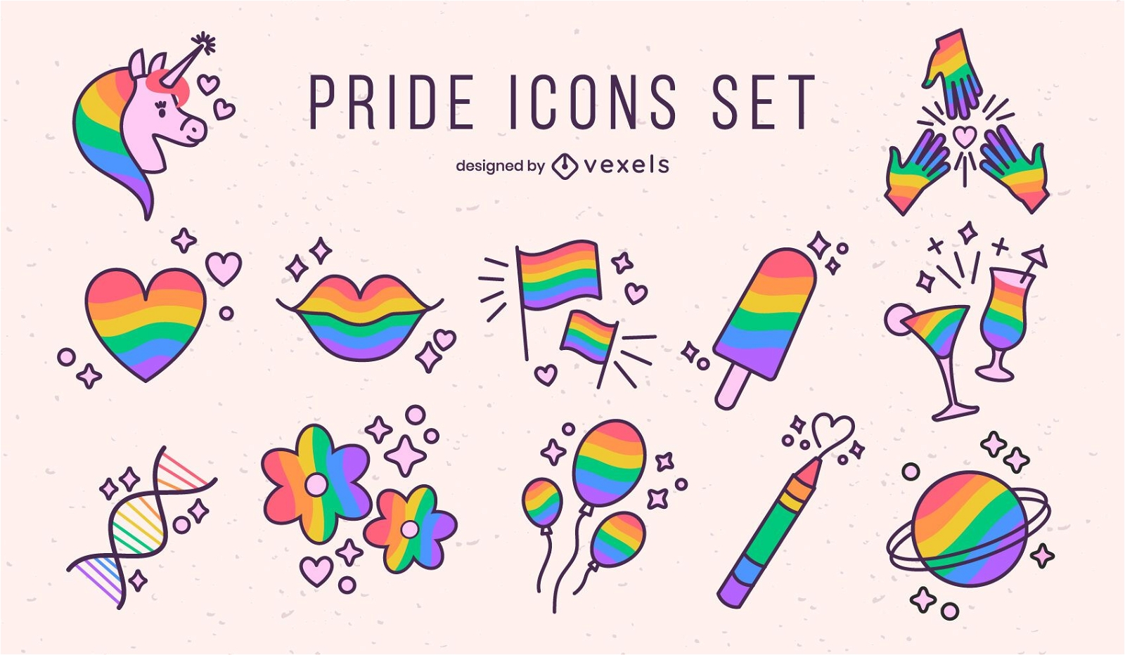 Pride month color stroke set of icons