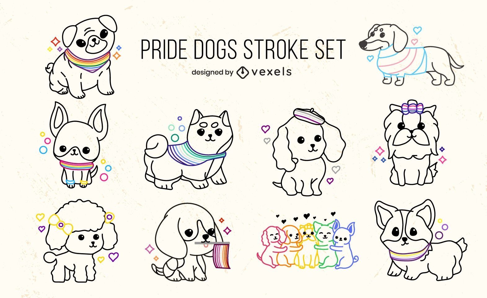 Puppy dogs pride flag cute stroke set