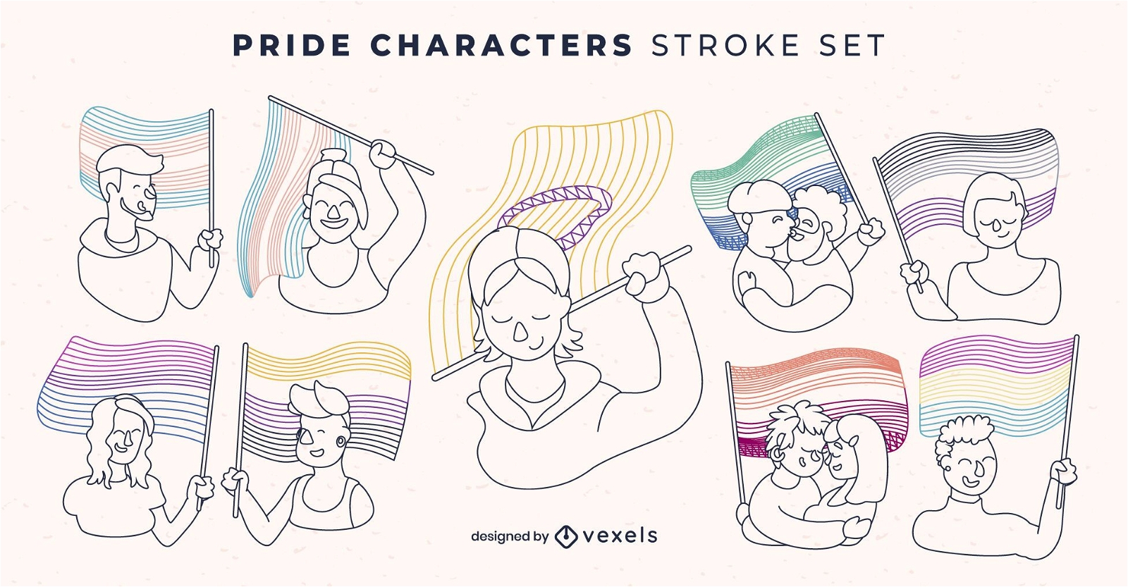 Pride flag lgbt people character stroke set