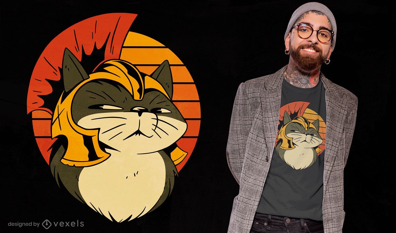 Katze im r?mischen Helm-Cartoon-T-Shirt-Design
