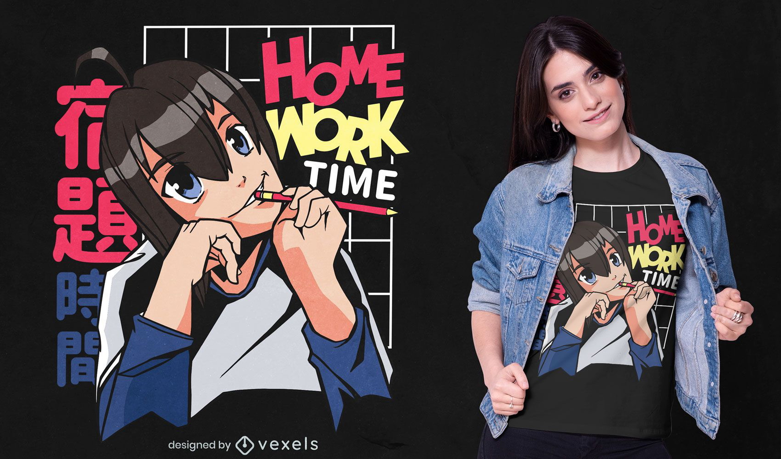 Diseño de camiseta de educación de tarea de chica anime.